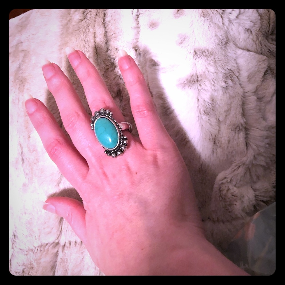 Boho Oval turquoise stone adjustable ring silver nwt